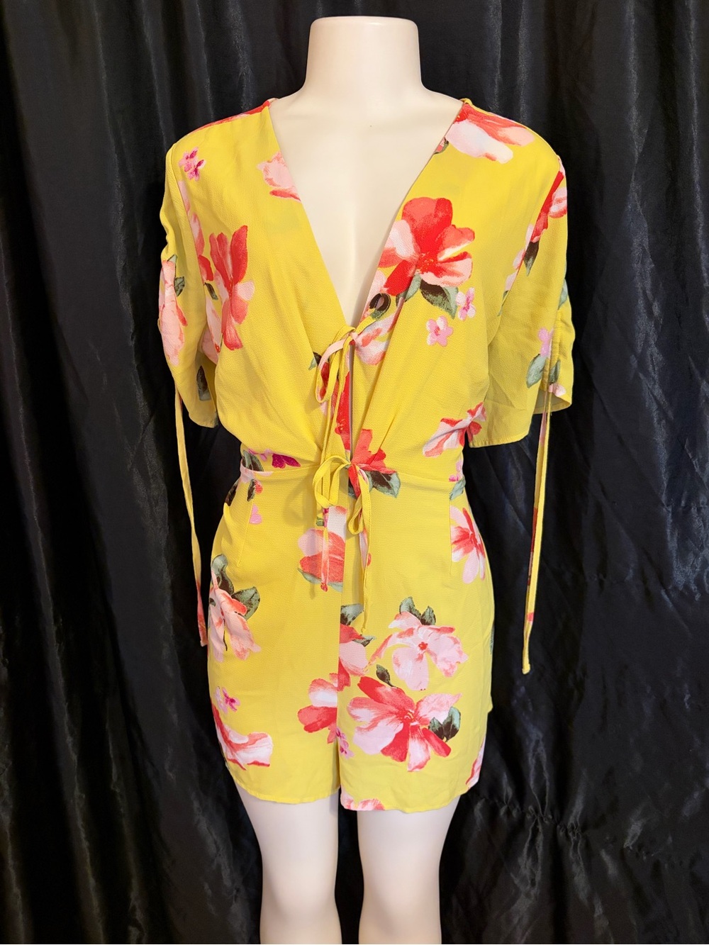 Zenobia Yellow Floral Tie-Front Romper with Pink & Red Blooms